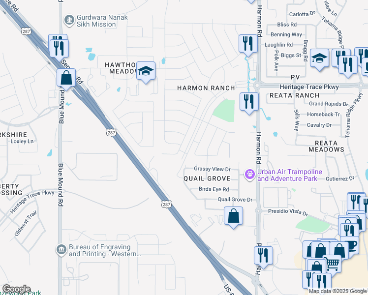 map of restaurants, bars, coffee shops, grocery stores, and more near 9304 Brittlebrush Trail in Fort Worth