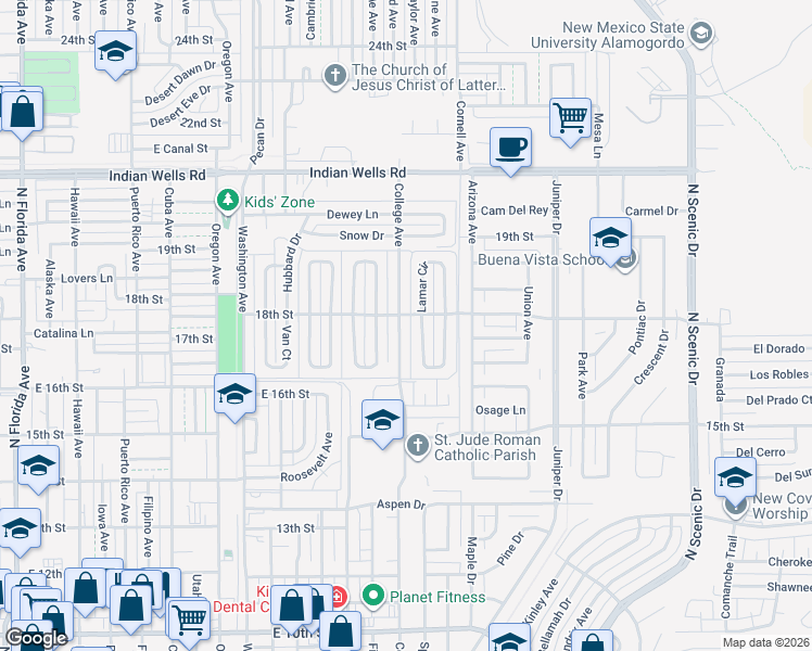map of restaurants, bars, coffee shops, grocery stores, and more near 1705 College Avenue in Alamogordo