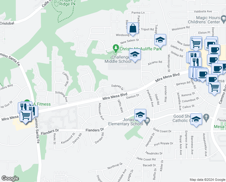 map of restaurants, bars, coffee shops, grocery stores, and more near 10692 Dabney Drive in San Diego