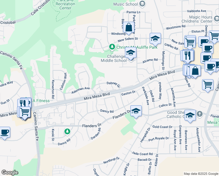 map of restaurants, bars, coffee shops, grocery stores, and more near 10652 Dabney Drive in San Diego
