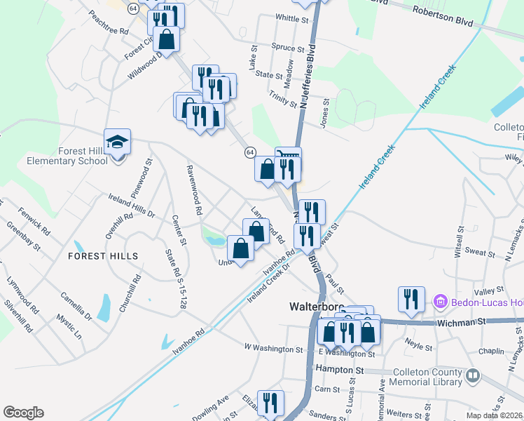 map of restaurants, bars, coffee shops, grocery stores, and more near 200 Lands End Road in Walterboro