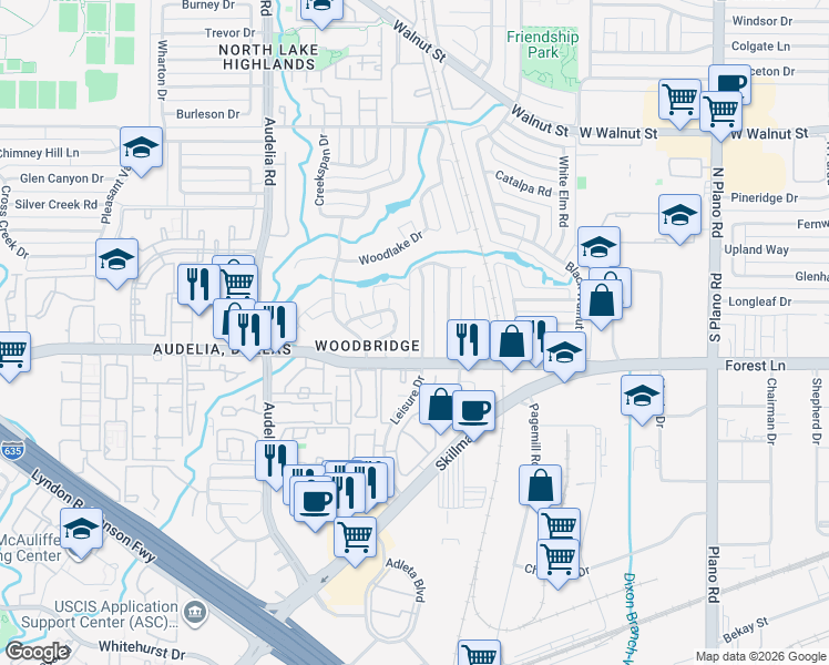 map of restaurants, bars, coffee shops, grocery stores, and more near 10020 Bridgegate Circle in Dallas