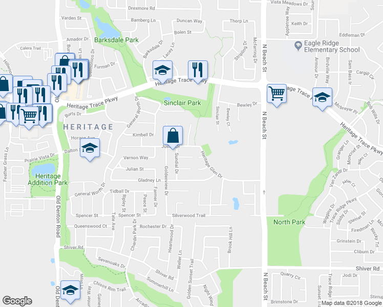 map of restaurants, bars, coffee shops, grocery stores, and more near 4121 Majestic Court in Fort Worth