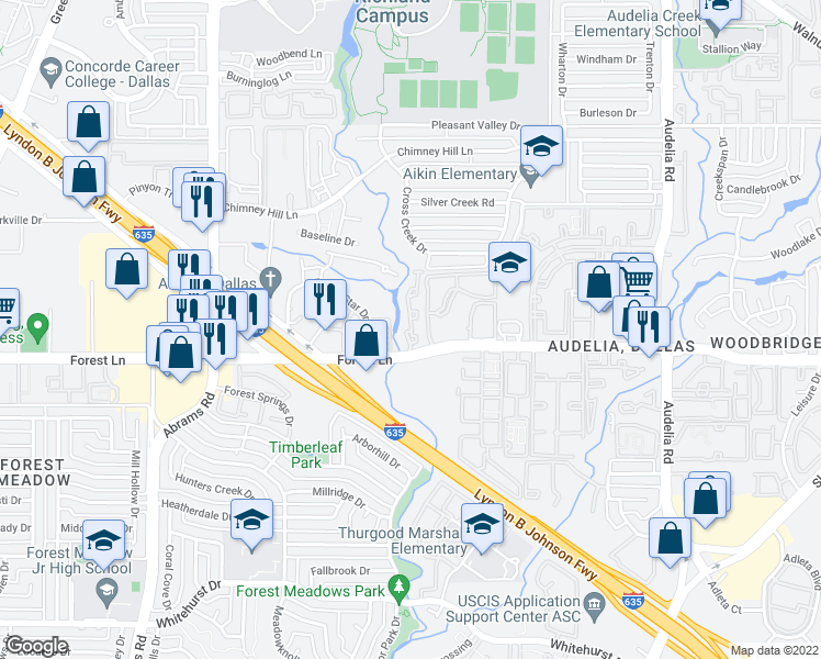 map of restaurants, bars, coffee shops, grocery stores, and more near 9601 Forest Lane in Dallas
