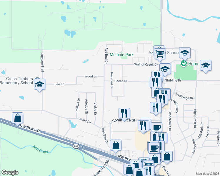 map of restaurants, bars, coffee shops, grocery stores, and more near 921 Rosebud Drive in Azle