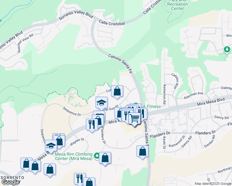 map of restaurants, bars, coffee shops, grocery stores, and more near 6721 Cobra Way in San Diego