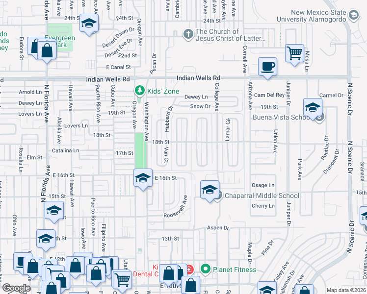 map of restaurants, bars, coffee shops, grocery stores, and more near 1739 Monte Vista Corte in Alamogordo