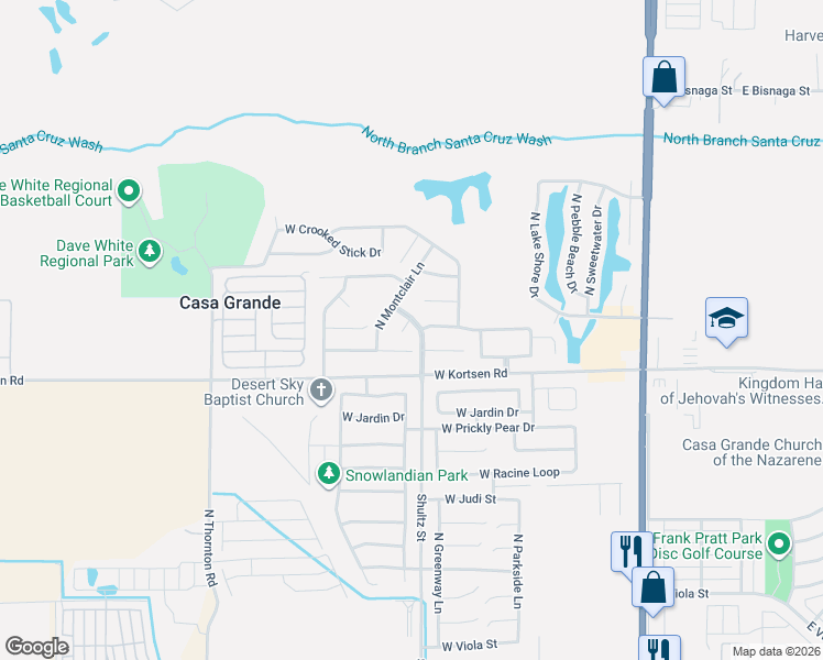 map of restaurants, bars, coffee shops, grocery stores, and more near 2038 North Vega Court in Casa Grande