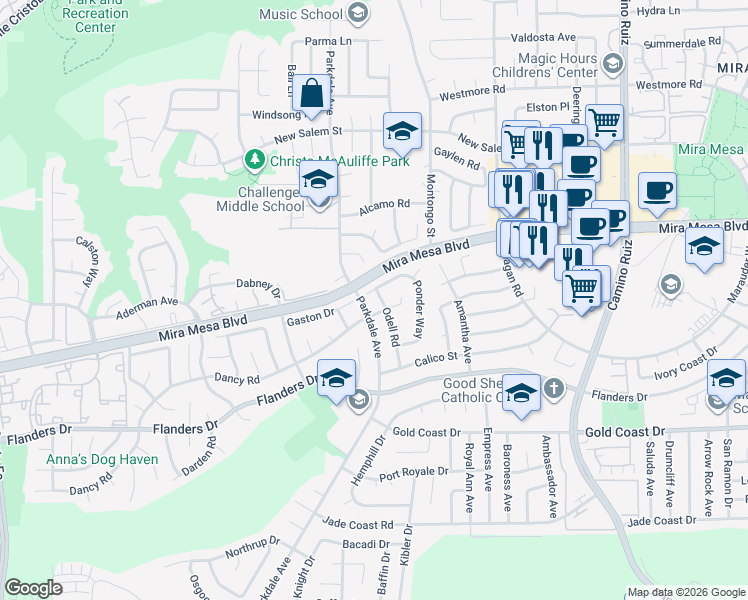 map of restaurants, bars, coffee shops, grocery stores, and more near 7880 Dancy Road in San Diego