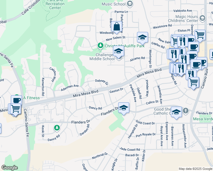 map of restaurants, bars, coffee shops, grocery stores, and more near 184 Mira Mesa Boulevard in San Diego