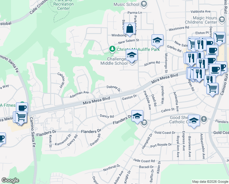 map of restaurants, bars, coffee shops, grocery stores, and more near 184 Mira Mesa Boulevard in San Diego