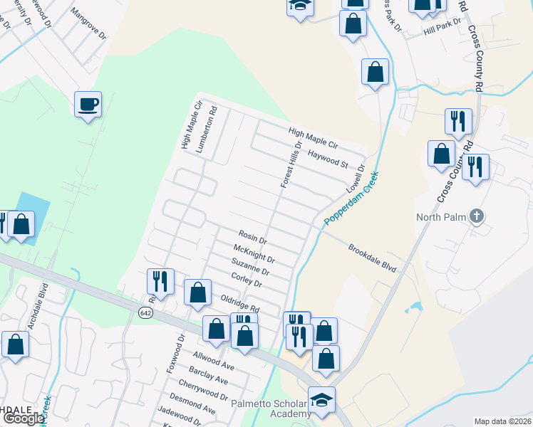 map of restaurants, bars, coffee shops, grocery stores, and more near 7701 Brookdale Boulevard in North Charleston