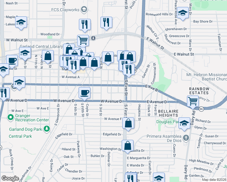 map of restaurants, bars, coffee shops, grocery stores, and more near 221 South 2nd Street in Garland