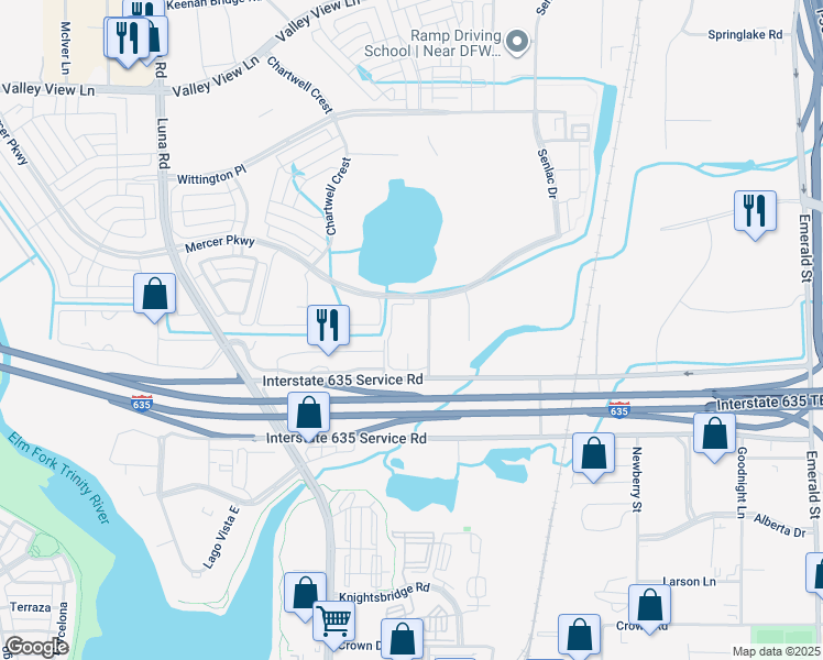map of restaurants, bars, coffee shops, grocery stores, and more near Commerce Drive in Farmers Branch