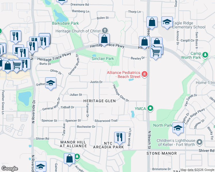 map of restaurants, bars, coffee shops, grocery stores, and more near 4121 Majestic Court in Fort Worth