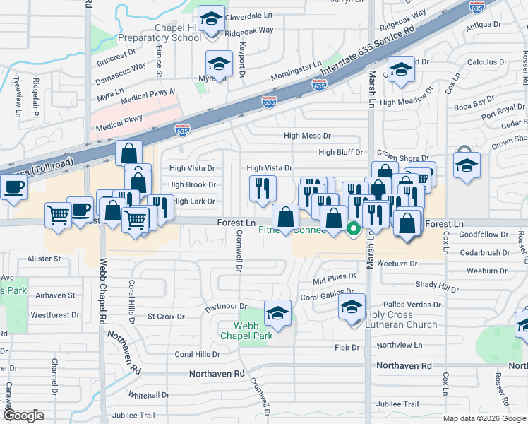 map of restaurants, bars, coffee shops, grocery stores, and more near 3441 Forest Lane in Dallas