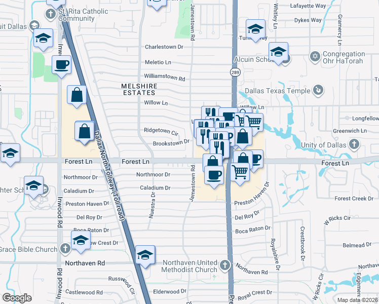 map of restaurants, bars, coffee shops, grocery stores, and more near 11816 Jamestown Road in Dallas