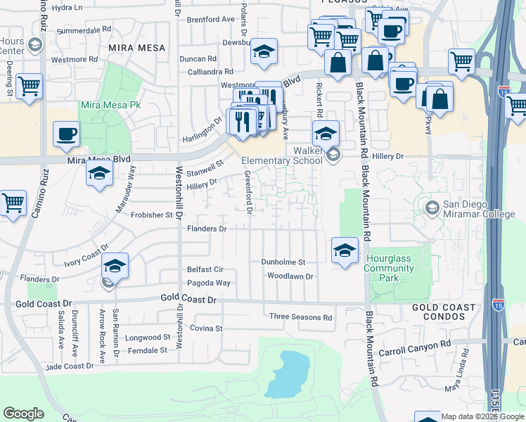 map of restaurants, bars, coffee shops, grocery stores, and more near 9849 Caminito Vera in San Diego