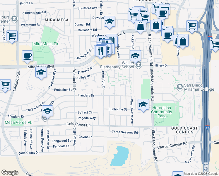 map of restaurants, bars, coffee shops, grocery stores, and more near 17925 Caminito Vera in San Diego