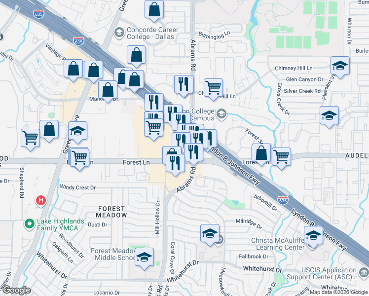 map of restaurants, bars, coffee shops, grocery stores, and more near 11819 Abrams Road in Dallas