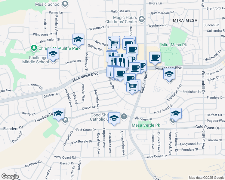 map of restaurants, bars, coffee shops, grocery stores, and more near 8170 Kenova Street in San Diego