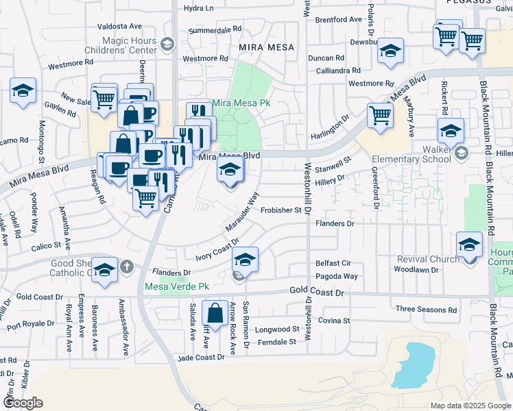 map of restaurants, bars, coffee shops, grocery stores, and more near 8612 Frobisher Street in San Diego