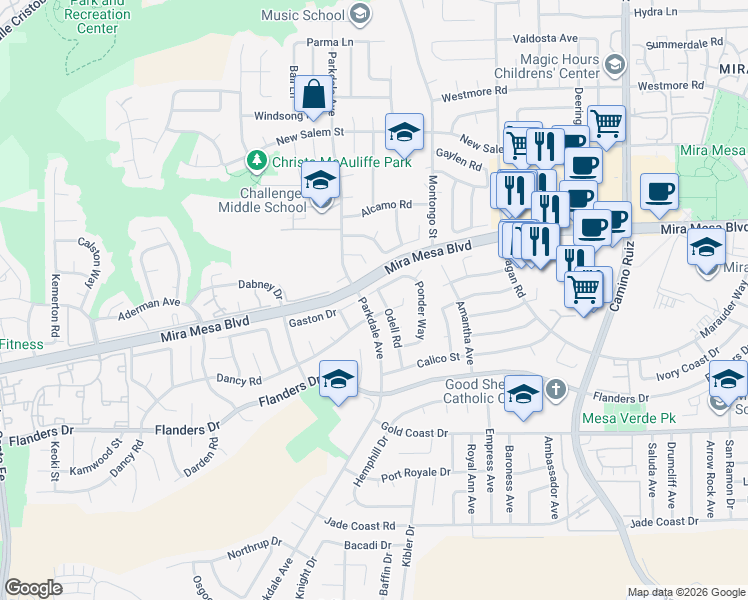 map of restaurants, bars, coffee shops, grocery stores, and more near 7875 Handel Way in San Diego
