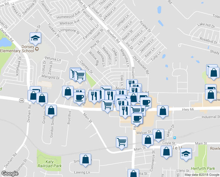 map of restaurants, bars, coffee shops, grocery stores, and more near 5505 Cypress Drive in Rowlett