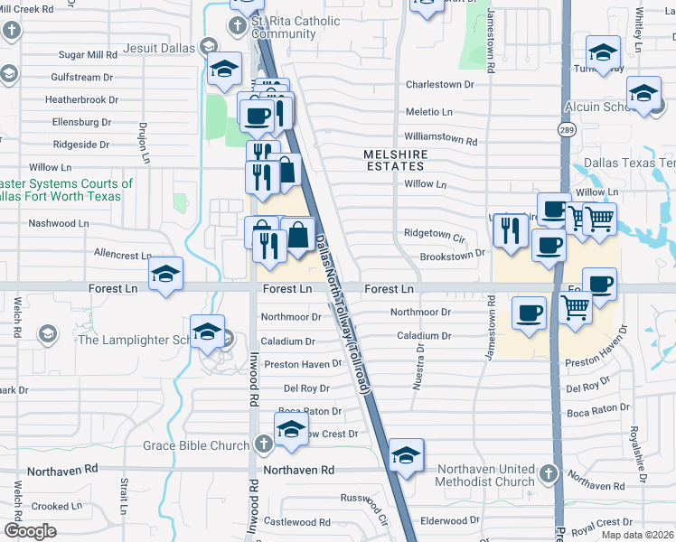 map of restaurants, bars, coffee shops, grocery stores, and more near 5500 Forest Lane in Dallas