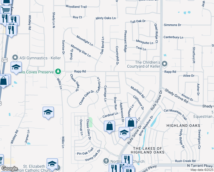 map of restaurants, bars, coffee shops, grocery stores, and more near 605 Cherry Tree Drive in Keller