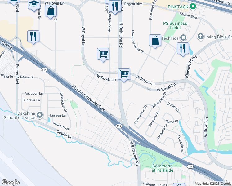 map of restaurants, bars, coffee shops, grocery stores, and more near 7664 Sonian Forest Drive in Irving