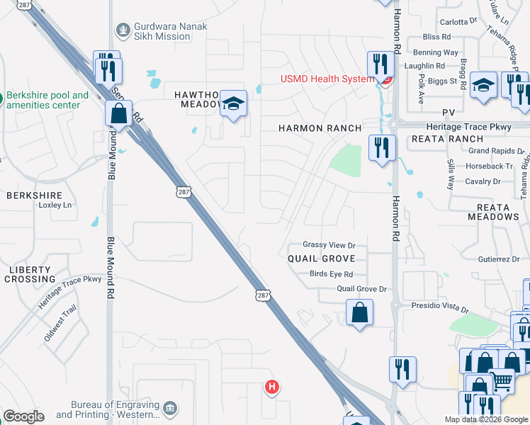 map of restaurants, bars, coffee shops, grocery stores, and more near 9321 Saltbrush Street in Fort Worth