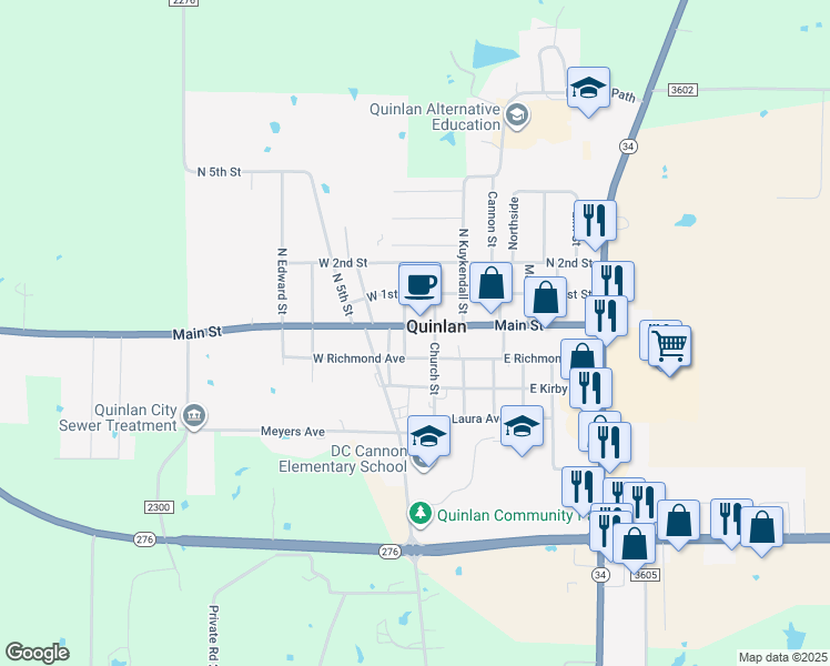 map of restaurants, bars, coffee shops, grocery stores, and more near in Quinlan