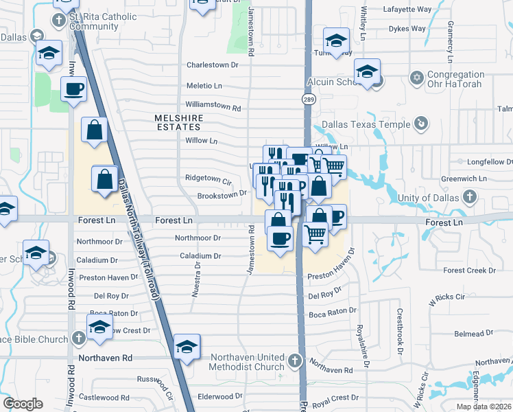 map of restaurants, bars, coffee shops, grocery stores, and more near 11816 Jamestown Road in Dallas