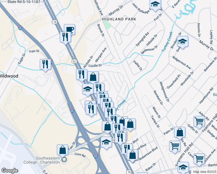 map of restaurants, bars, coffee shops, grocery stores, and more near 6231 Rolling Fork Road in North Charleston