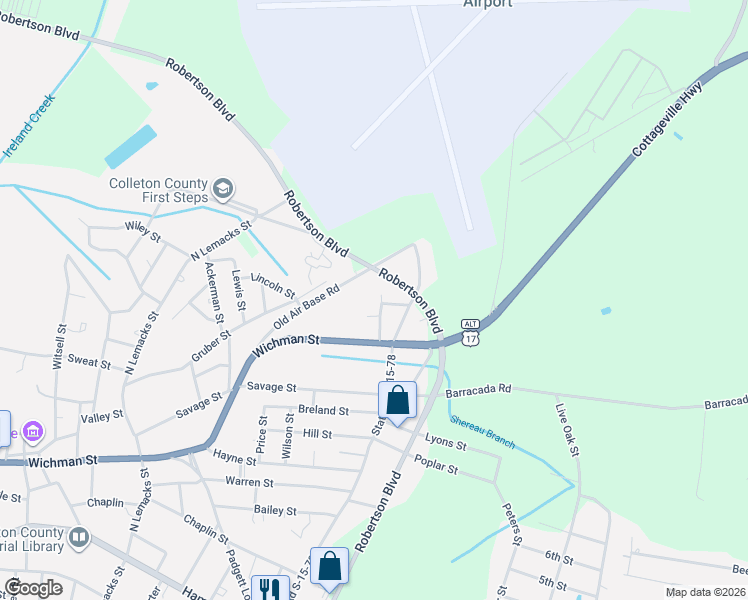 map of restaurants, bars, coffee shops, grocery stores, and more near 305 Alexander in Walterboro
