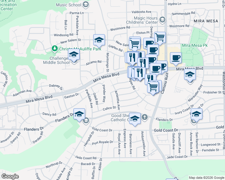 map of restaurants, bars, coffee shops, grocery stores, and more near 7988 Lakeport Road in San Diego