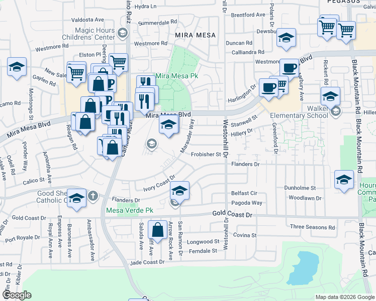 map of restaurants, bars, coffee shops, grocery stores, and more near 8612 Frobisher Street in San Diego