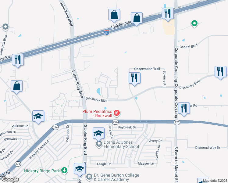 map of restaurants, bars, coffee shops, grocery stores, and more near 2350 Discovery Boulevard in Rockwall