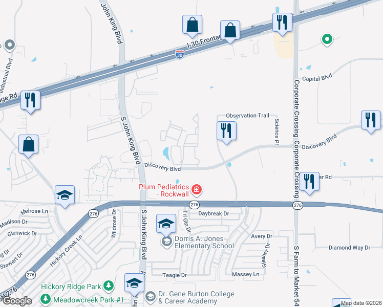 map of restaurants, bars, coffee shops, grocery stores, and more near 2350 Discovery Boulevard in Rockwall