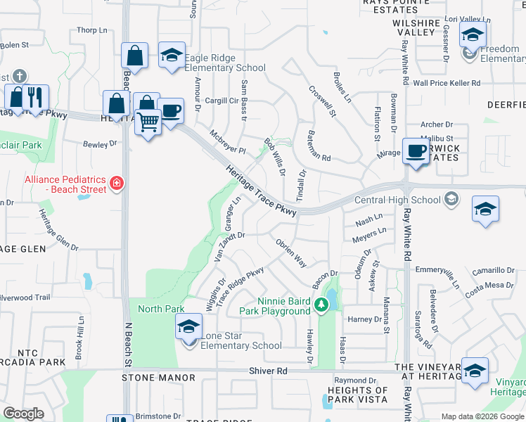 map of restaurants, bars, coffee shops, grocery stores, and more near 9340 Niles Court in Fort Worth