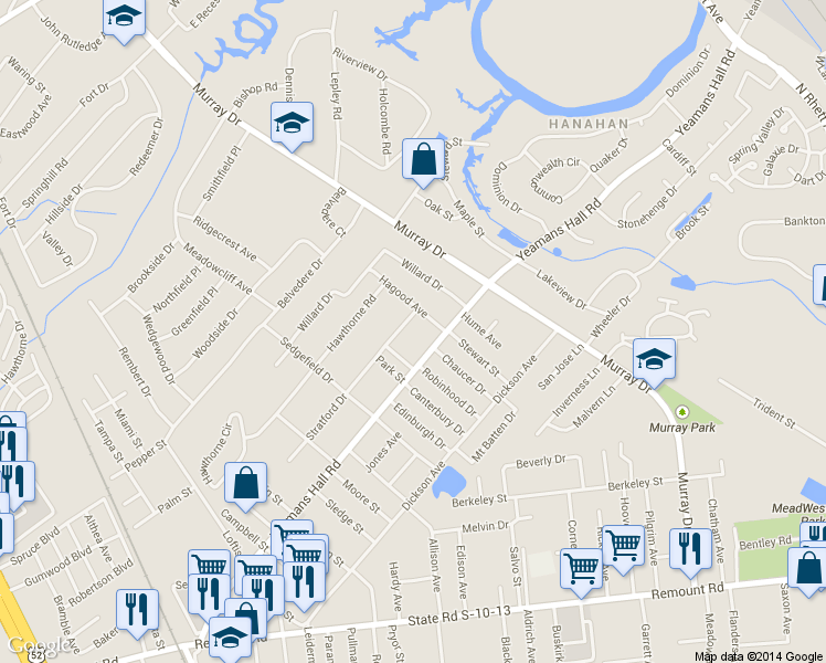 map of restaurants, bars, coffee shops, grocery stores, and more near 1105 Stratford Drive in Hanahan