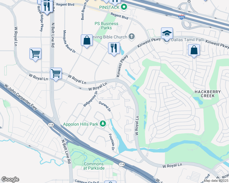 map of restaurants, bars, coffee shops, grocery stores, and more near 2918 West Royal Lane in Irving