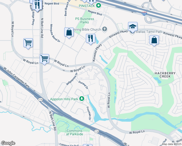 map of restaurants, bars, coffee shops, grocery stores, and more near 2940 West Royal Lane in Irving