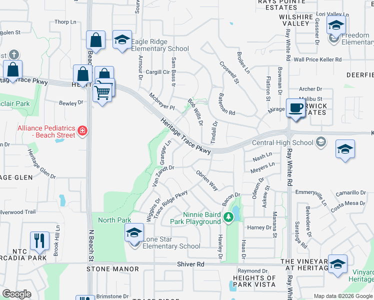 map of restaurants, bars, coffee shops, grocery stores, and more near 9340 Niles Court in Fort Worth