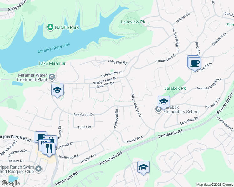 map of restaurants, bars, coffee shops, grocery stores, and more near 10374 Mountain Glen Terrace in San Diego