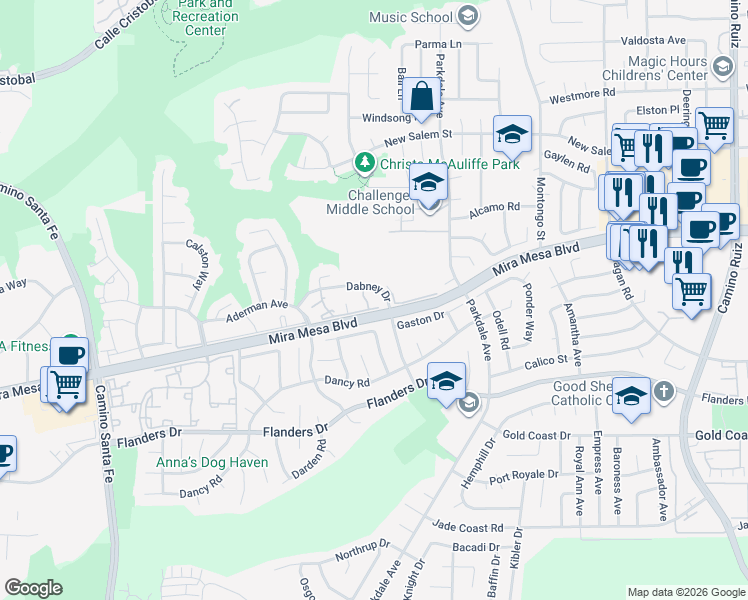 map of restaurants, bars, coffee shops, grocery stores, and more near 184 Mira Mesa Boulevard in San Diego