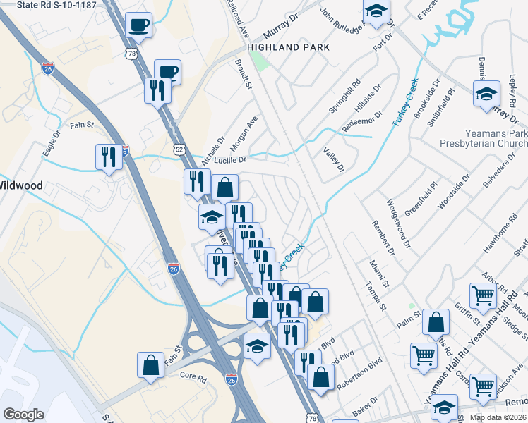 map of restaurants, bars, coffee shops, grocery stores, and more near 6231 Rolling Fork Road in North Charleston