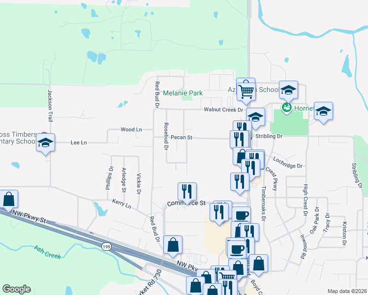 map of restaurants, bars, coffee shops, grocery stores, and more near 916 Elm Court in Azle