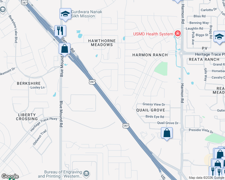 map of restaurants, bars, coffee shops, grocery stores, and more near 9300 Belle River Trail in Fort Worth